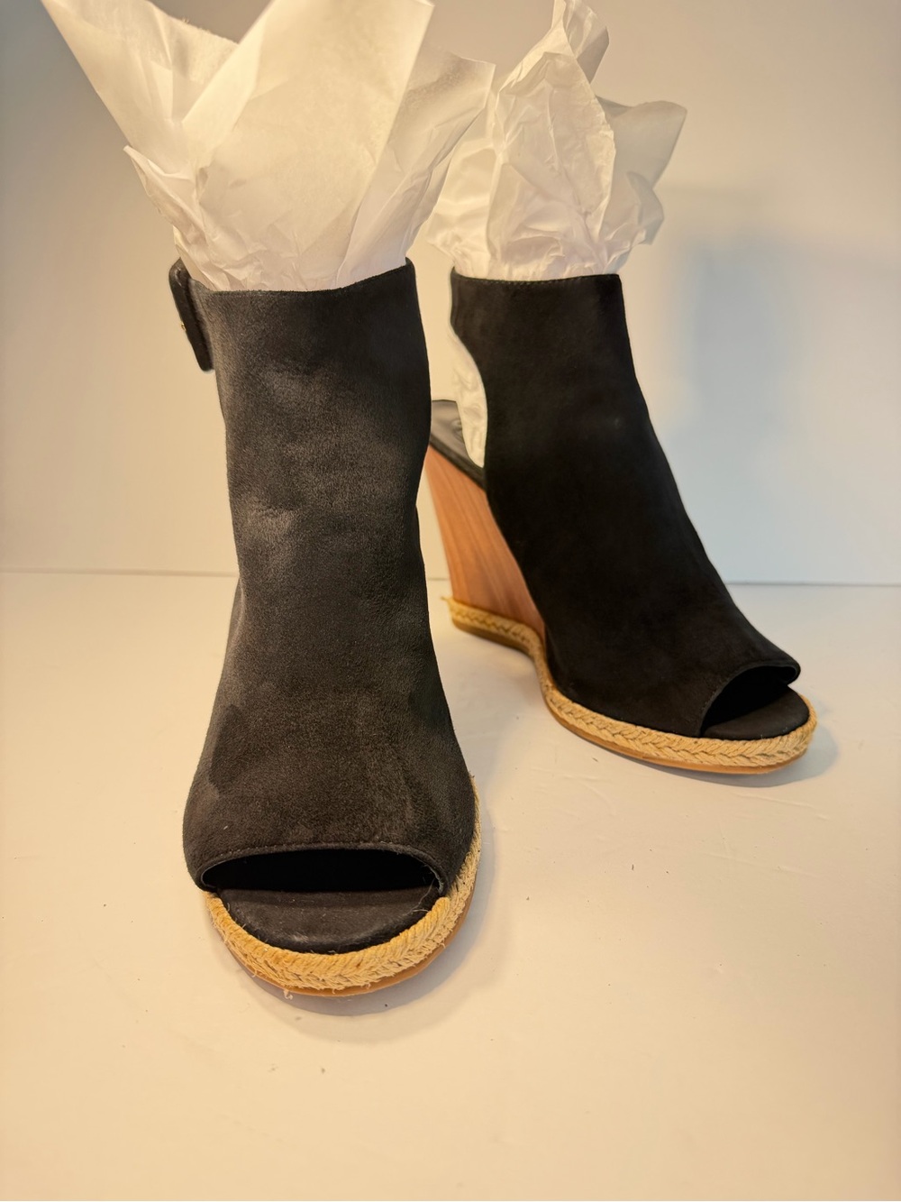Tory Burch Black Suede Ankle Cuff Espadrille Wedge Sandals 5.5